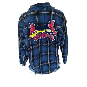 St. Louis Cardinals Plaid Flannel Shirt MEDIUM Oversized Baseball Shacket Unique